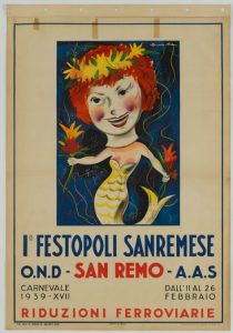 Bruna Moretti, advertising poster for the Sanremo Carnival, 1939 Dior, Chanel, Saint Laurent Olivetti, Marzotto, Rinascente, lavora a Parigi, Londra, New York cctm adversiting