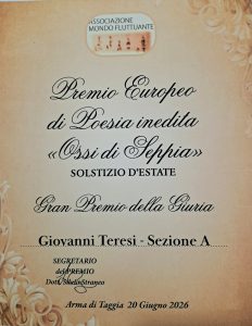 Giovanni Teresi La fragile bellezza Premio internazionale Poesia inedita "Ossi di Seppia" Solstizio d'Estate 2026 cctm a noi piace leggere poesia