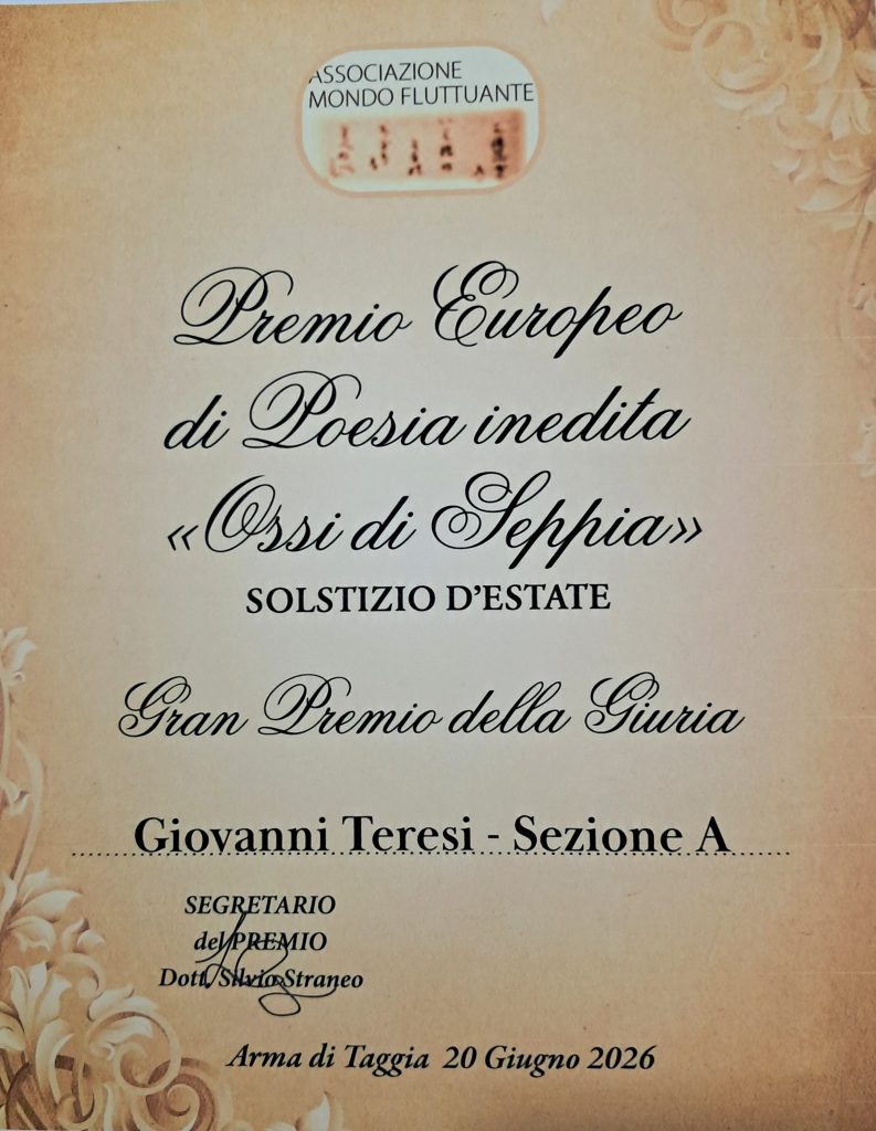 Giovanni Teresi La fragile bellezza Premio internazionale Poesia inedita "Ossi di Seppia" Solstizio d'Estate 2026 cctm a noi piace leggere poesia 